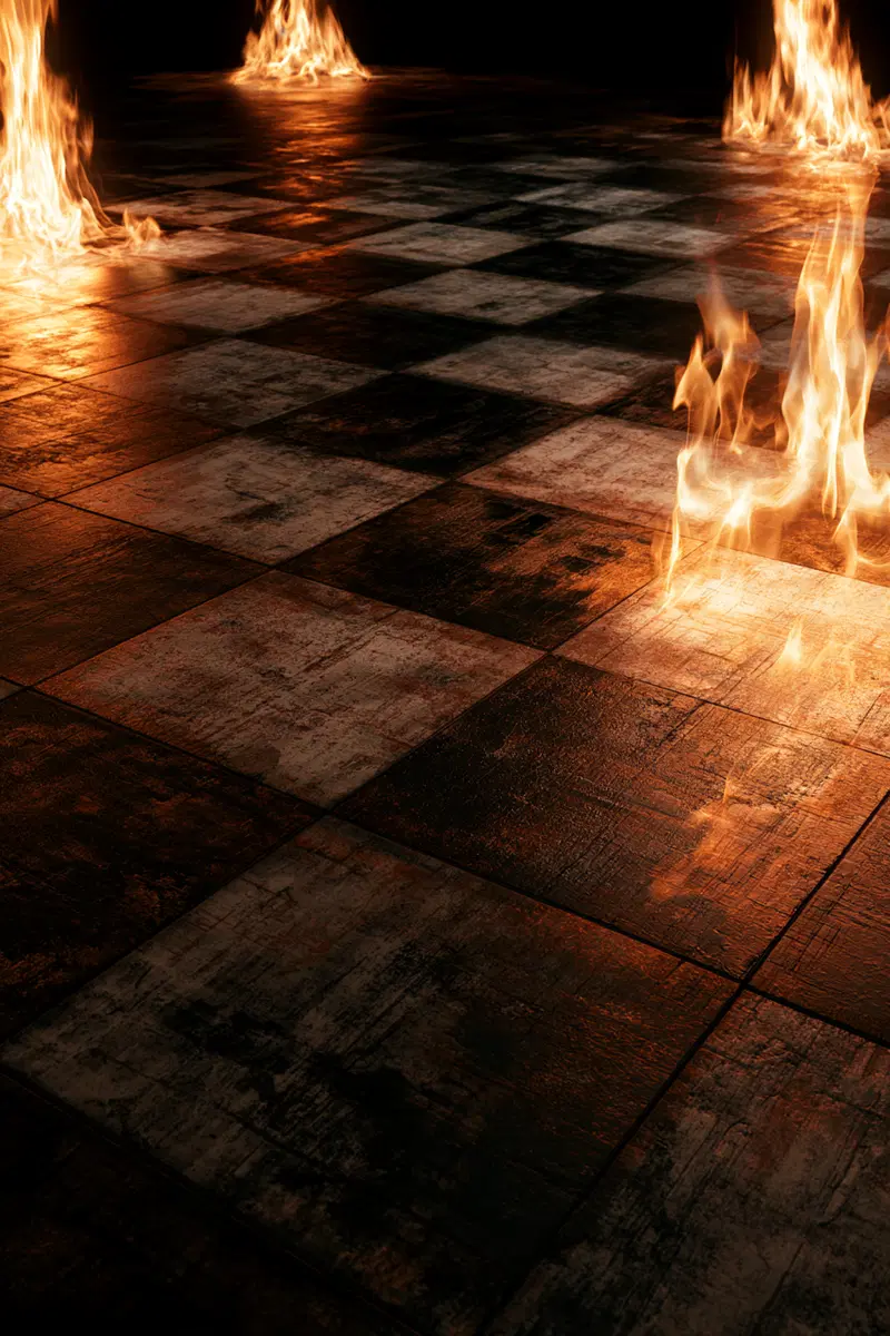 Dark and moody checkered floor with flickering flames creating an intense atmosphere