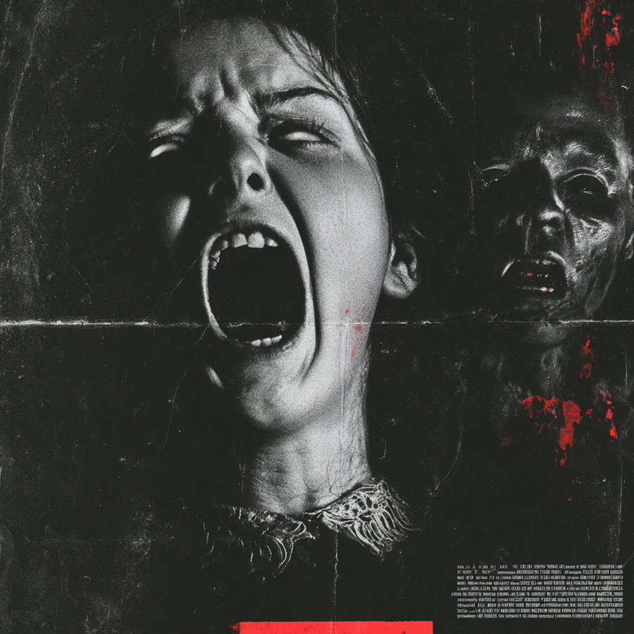 A grayscale image of a person screaming with their mouth wide open and eyes closed, with a shadowy, sinister face in the dark background, accented with hints of red.