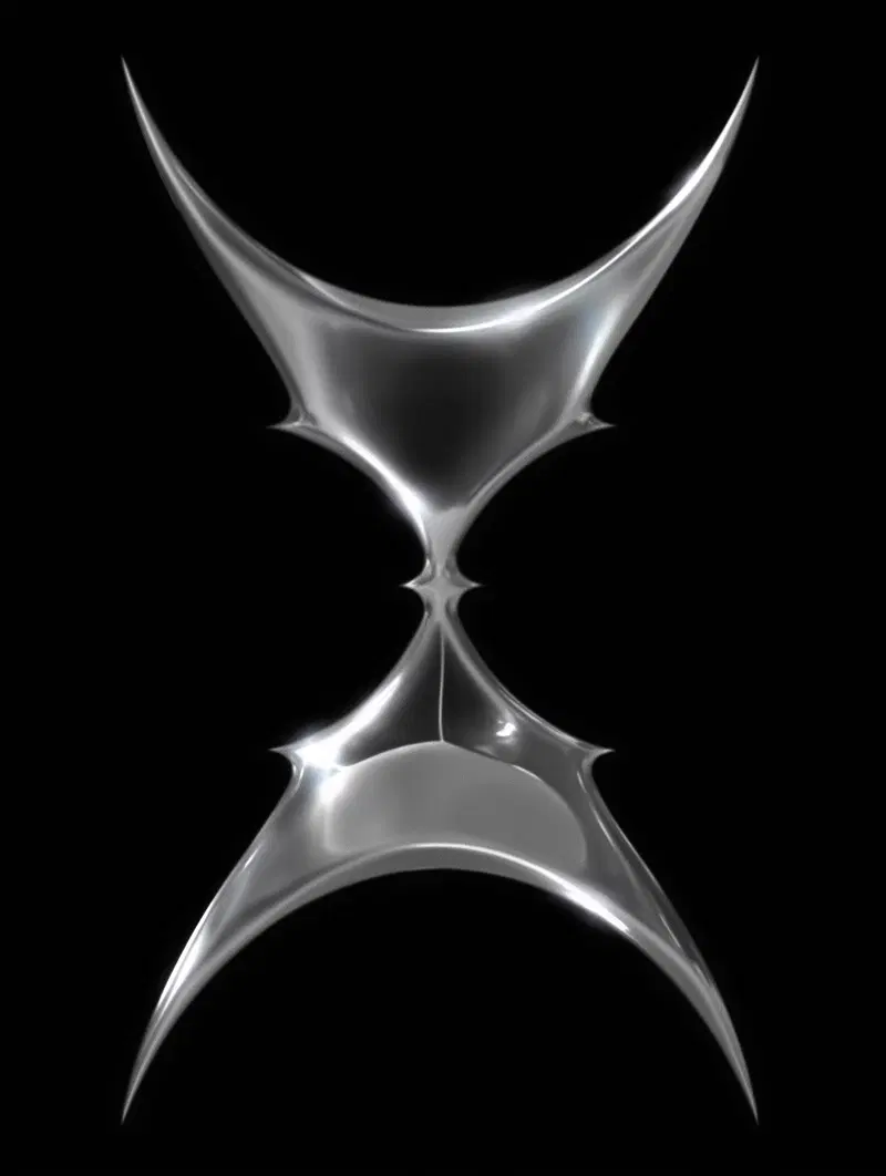 Shiny abstract silver form with curved pointed edges on black background