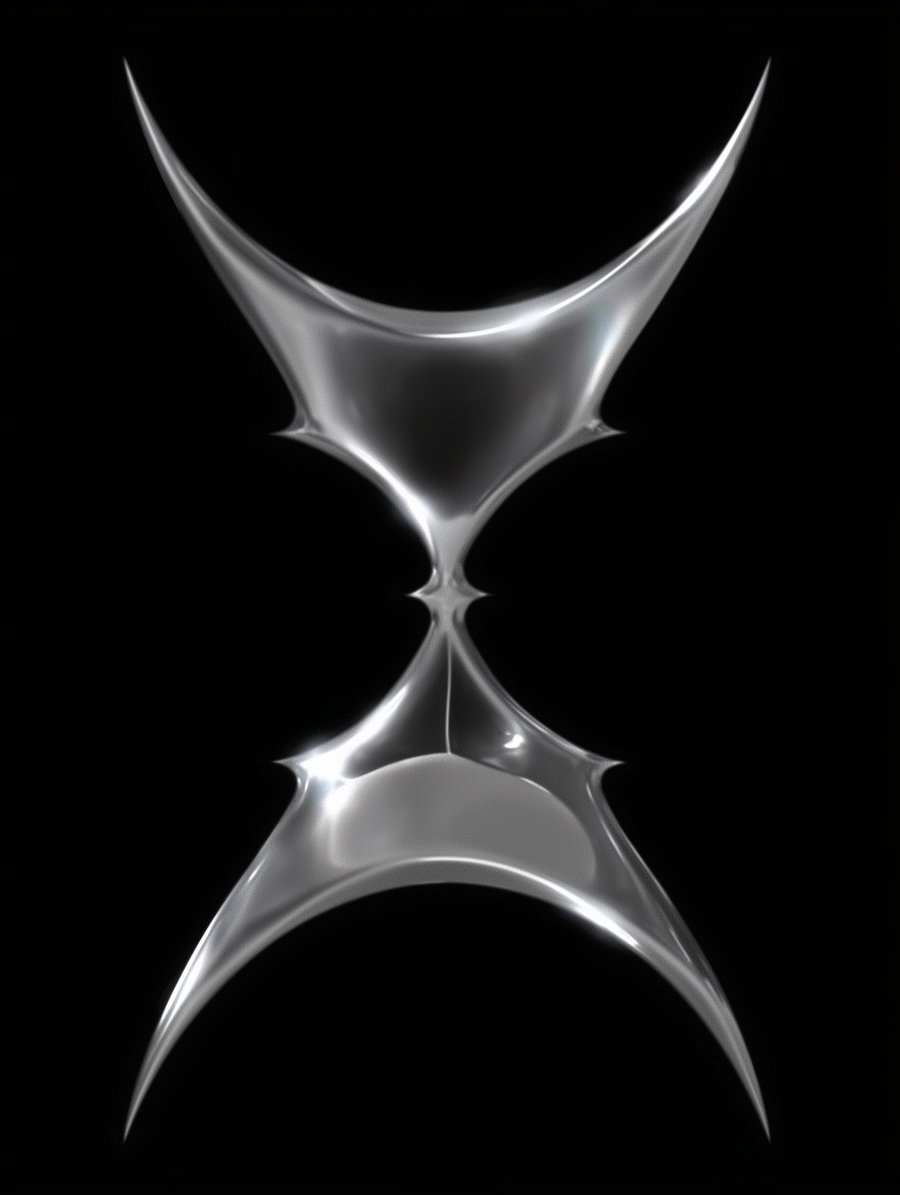 A metallic silver abstract shape with smooth curved points against a solid black background