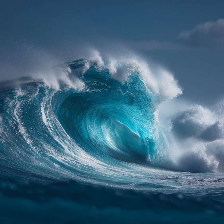 A large ocean wave curling and crashing with white foam and blue water under a clear sky