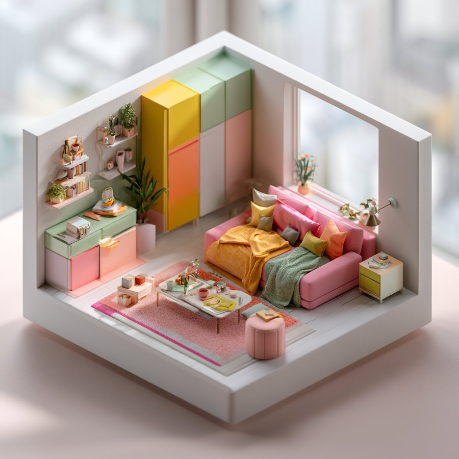 A miniature room with bright pastel colored furniture including a pink sofa, multicolor cabinets, a coffee table with decor items, hanging shelves with plants and books, and soft lighting through a window