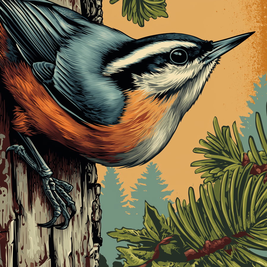 A vibrant illustration of a bird with blue, orange, and cream colors perched on a tree branch with green pine leaves and a background showing pine trees against a warm colored sky