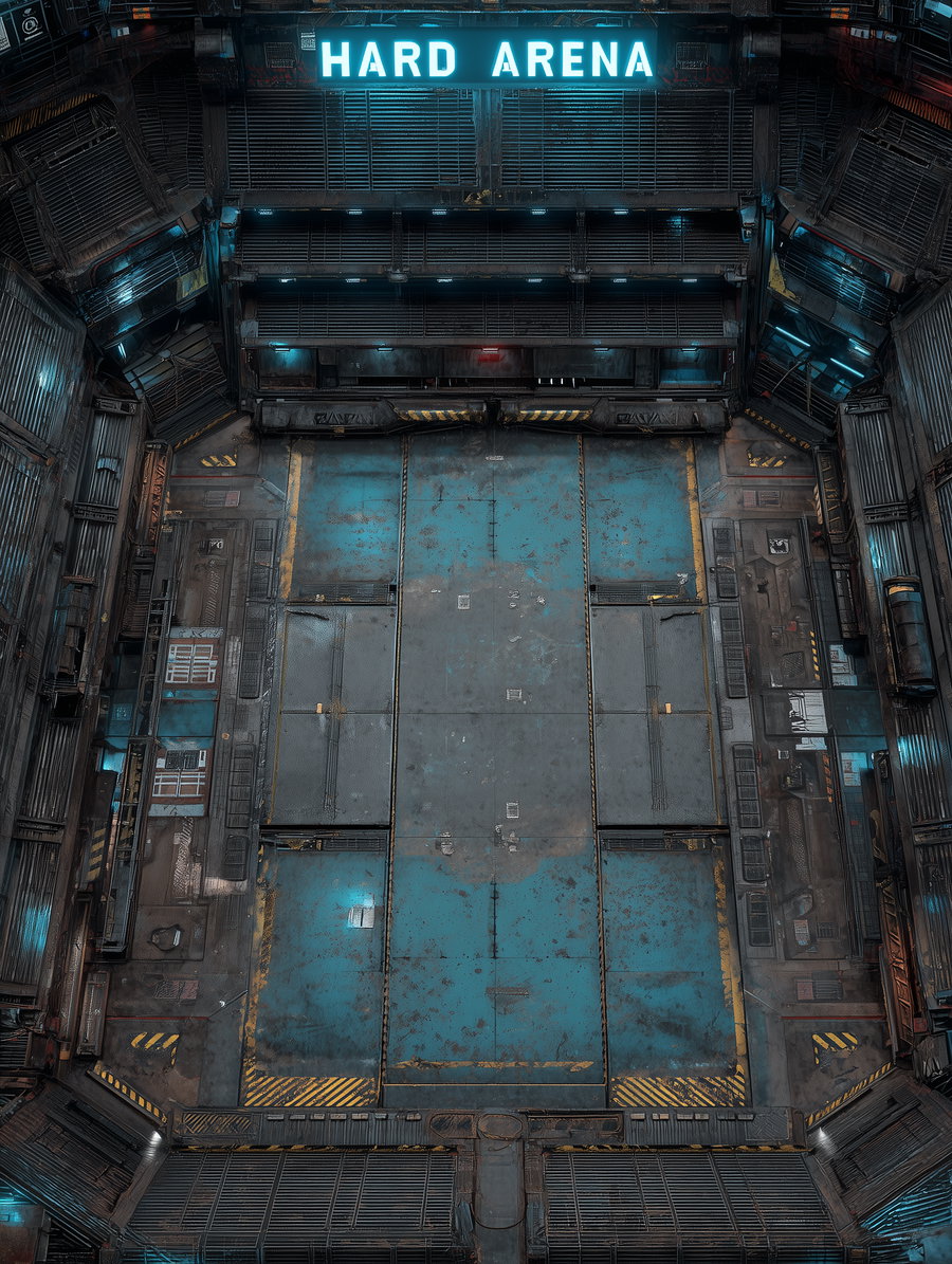 Top-down view of a large industrial arena with weathered metallic surfaces, blue and yellow painted floor sections, surrounding mechanical and structural elements, illuminated by blue neon lights and a sign reading 'HARD ARENA'
