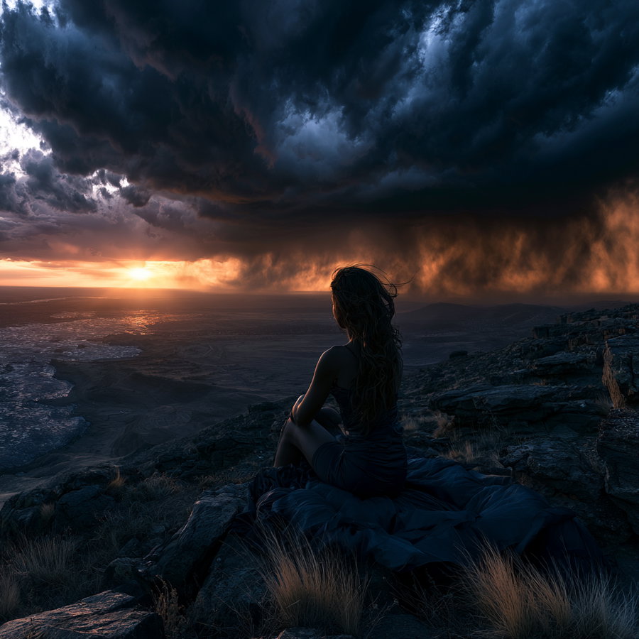A woman sitting on a rocky hill with dark storm clouds overhead and an orange sunset at the horizon