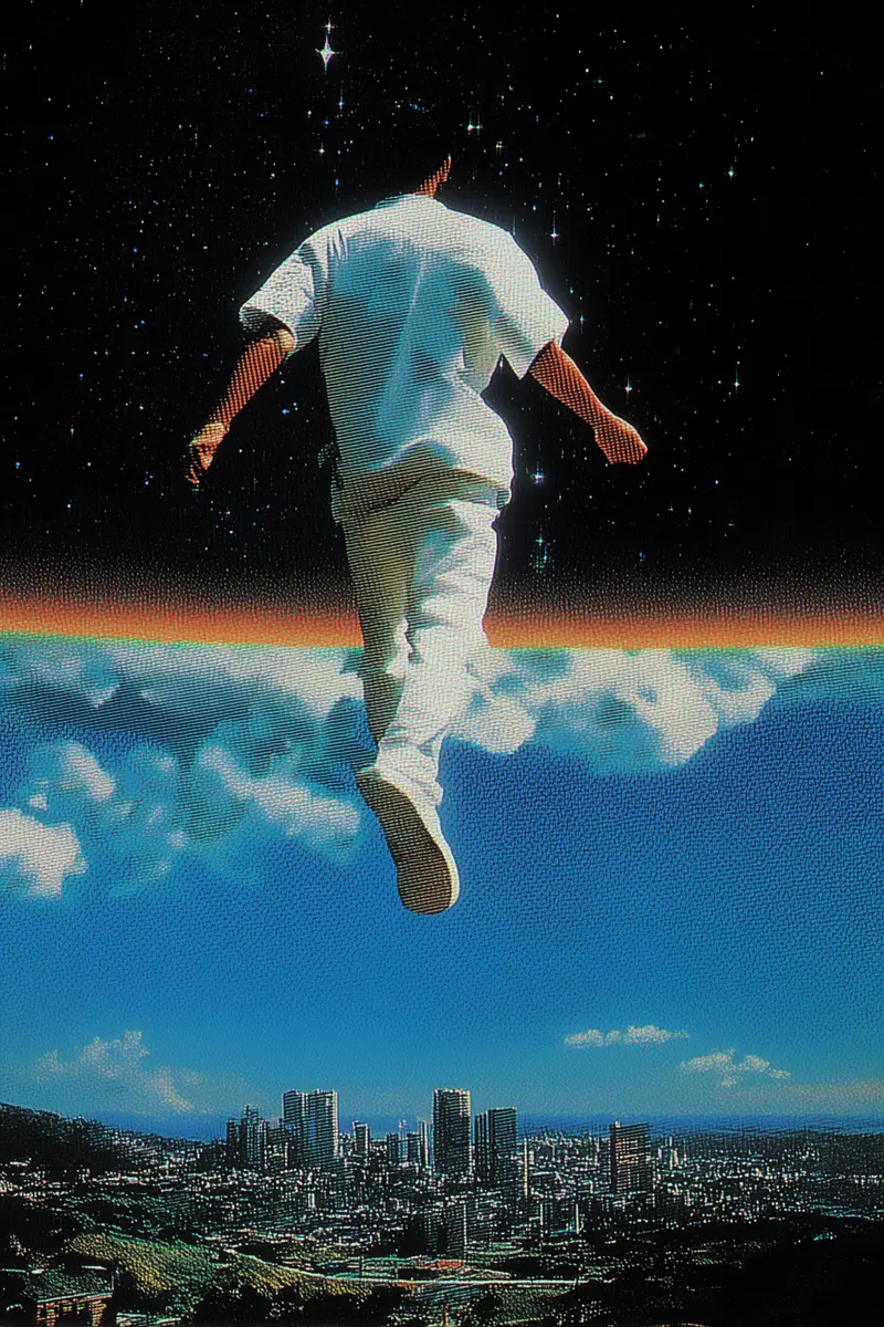 Dreamy surreal art of a person walking from cityscape through clouds toward starry space