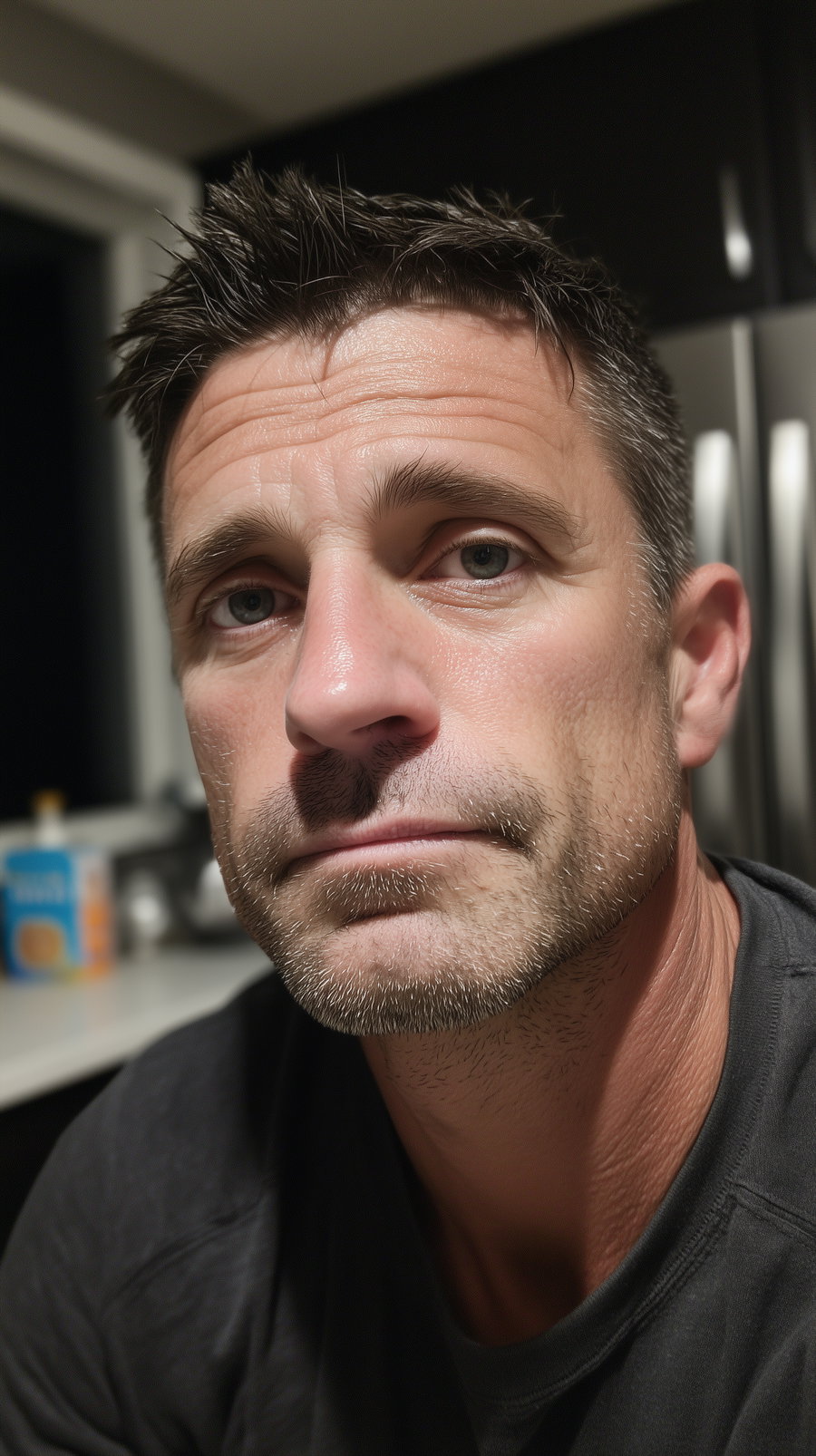 Close-up photo of a middle-aged man with short dark hair, light stubble, wearing a dark shirt, in an indoor setting with a blurred background
