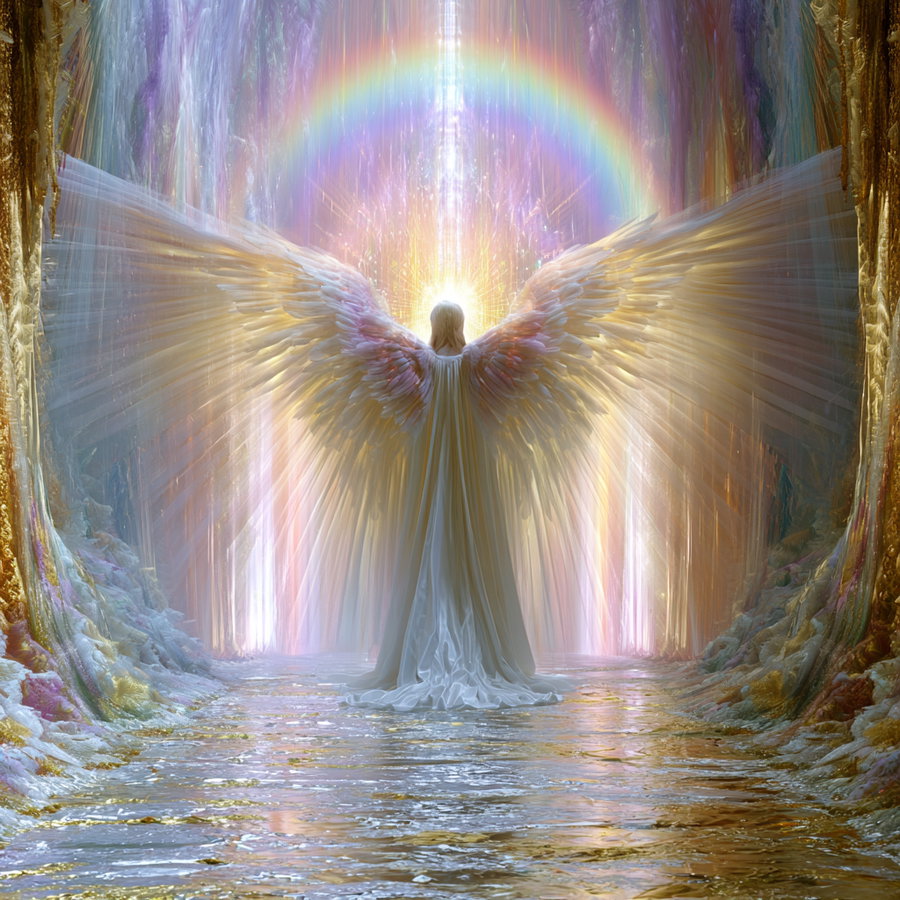 An angelic figure with large glowing wings stands in the center of a radiant cave-like environment, illuminated by golden light and pastel rainbow hues surrounding the figure.