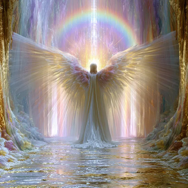 Ethereal angelic figure with expansive wings in luminous fantasy setting
