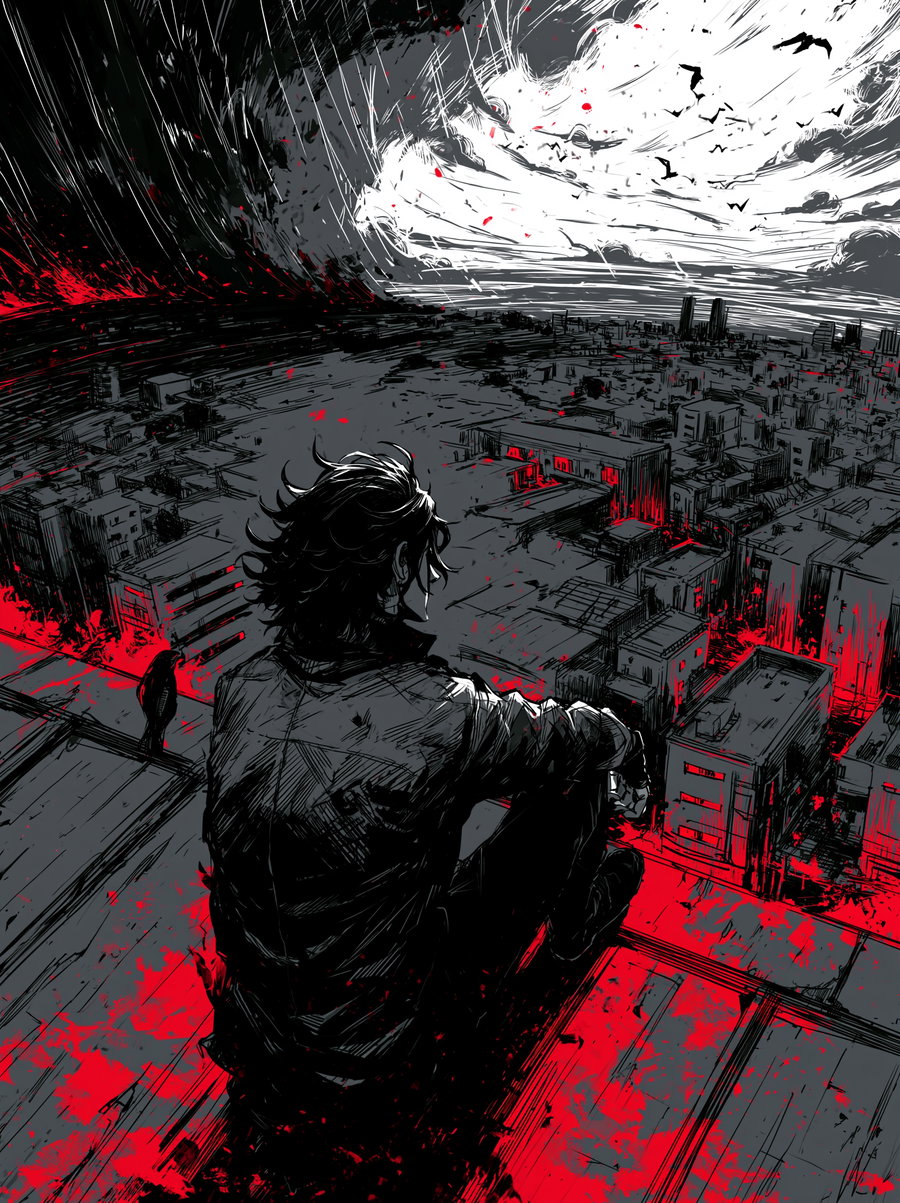 Illustration featuring a dark-haired figure sitting on a rooftop overlooking a city with a dramatic stormy sky and red accents in the scene