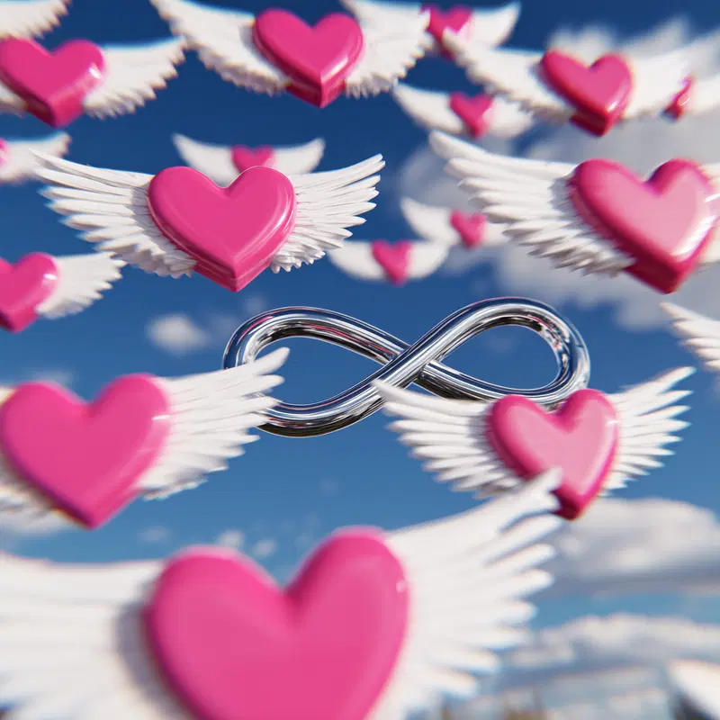 Flying pink hearts with white wings surrounding a shiny infinity symbol in the sky