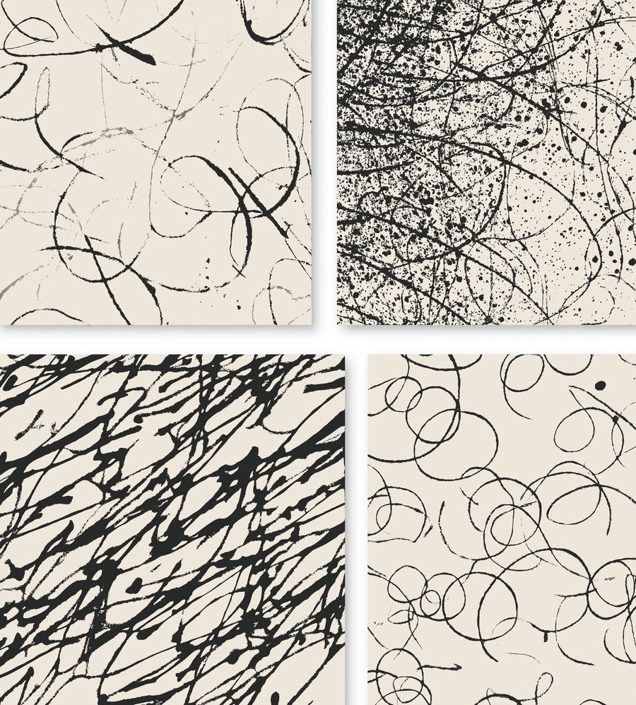 Four abstract art prints with black brush strokes and splatter designs on beige backgrounds