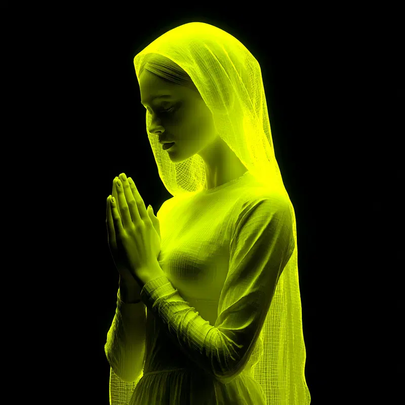 Ethereal portrait of a woman in a prayerful pose with glowing yellow veil