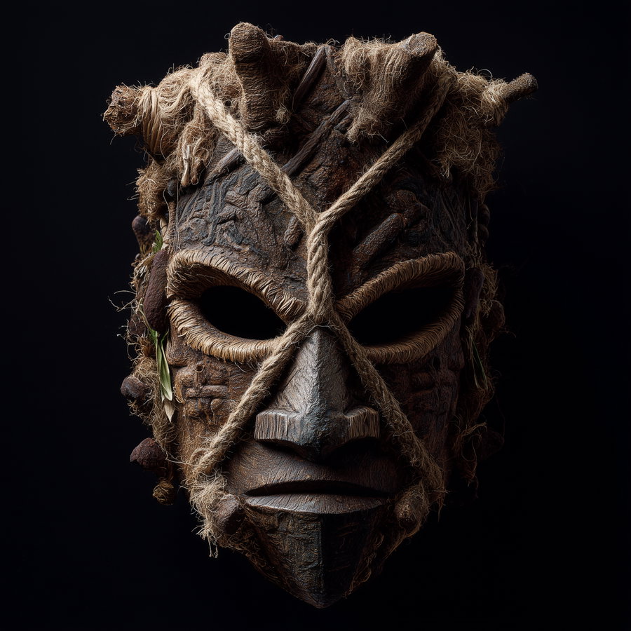 A dark vintage tribal mask with intricate carvings wrapped in rough rope, set against a black background