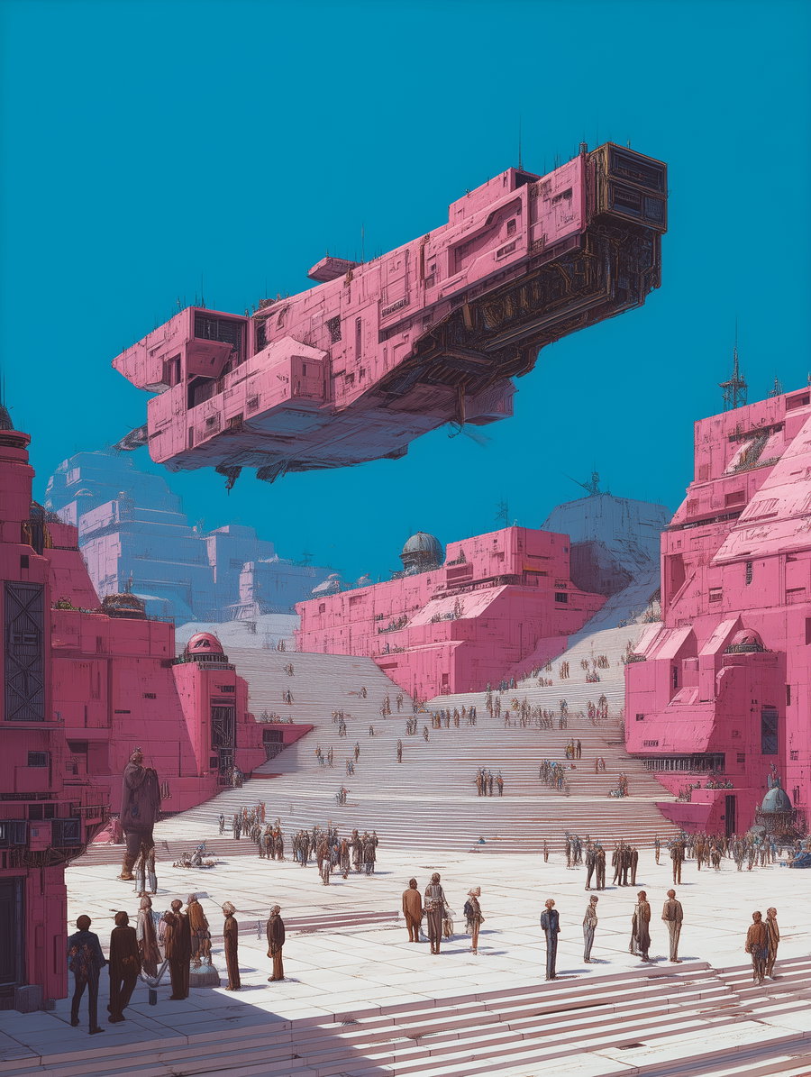 A futuristic scene featuring large pink geometric buildings and a massive pink spaceship floating above a crowded plaza with many small human figures and wide staircases