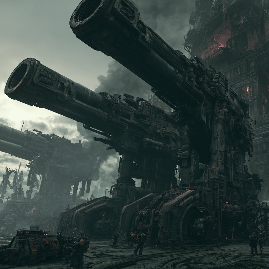 Large, dark metallic artillery cannons with intricate mechanical details set in a foggy, industrial environment with soldiers and machinery around