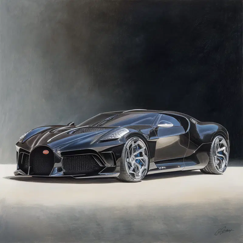 Fine art painting of a black luxury sports car with glossy finish
