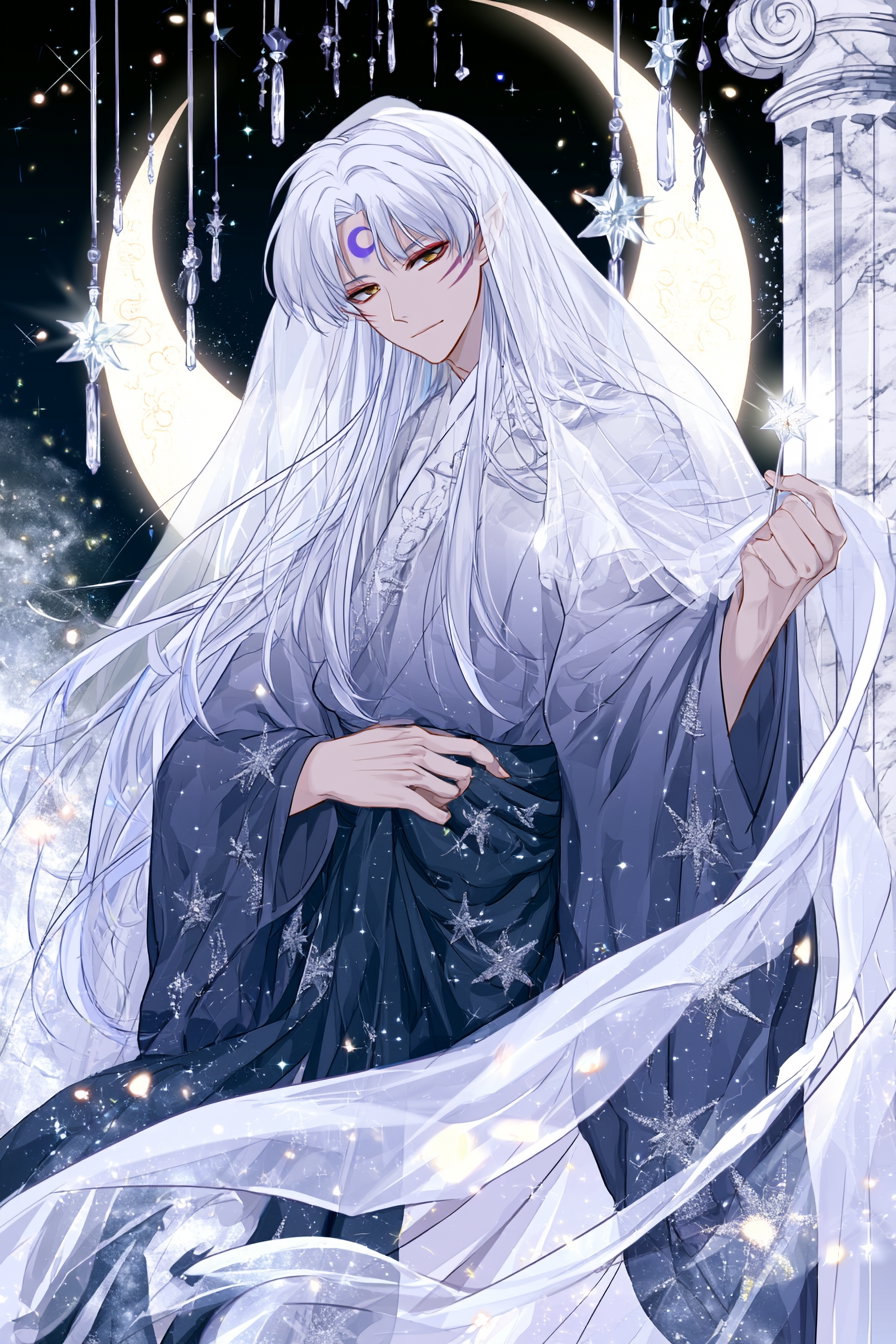 Digital portrait of an elegant figure with long white hair, red eyes, and a crescent moon symbol on forehead, wearing flowing robes adorned with star patterns, standing in front of a large glowing crescent moon and hanging crystal decorations