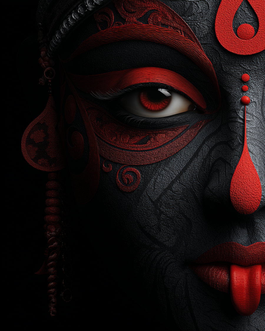 A close-up of half a face painted with intricate black and red patterns, including a red eye, red lips, and decorative elements in the hair against a dark background.