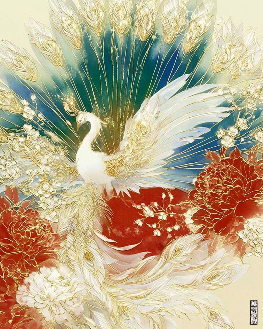 Artistic depiction of a white peacock with detailed golden feathers surrounded by large red and white flowers and golden branches on a gradient blue and cream background