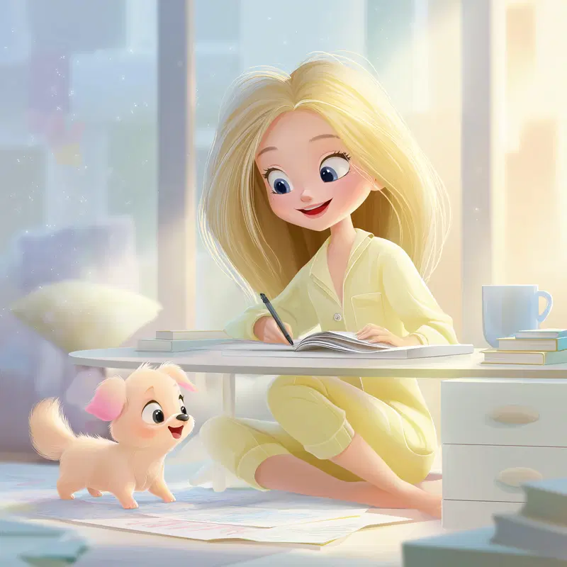 Cozy morning scene of a girl studying with her dog in a bright room