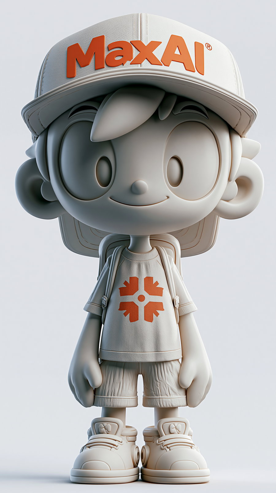 A stylized figure of a young boy wearing a cap with MaxAI lettering, a t-shirt with an orange geometric logo, shorts, backpack, and sneakers, rendered in a monochrome beige tone with smooth cartoonish features.