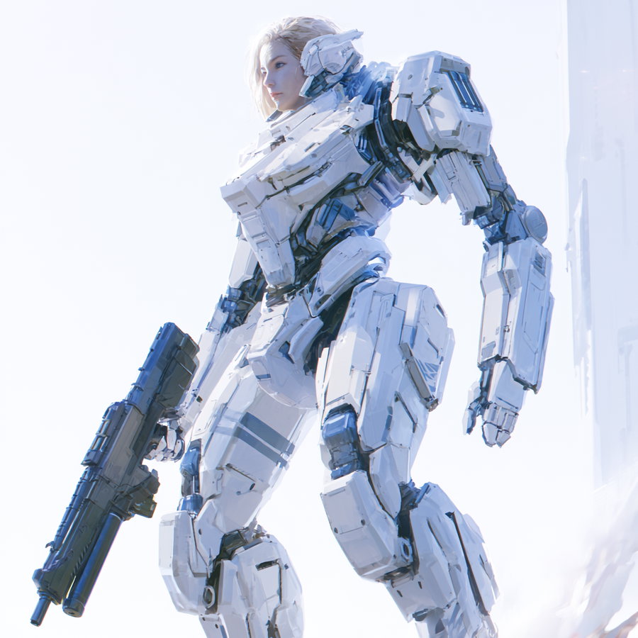 A futuristic female figure in detailed white robotic armor holding a large black weapon, standing against a bright, minimalistic background