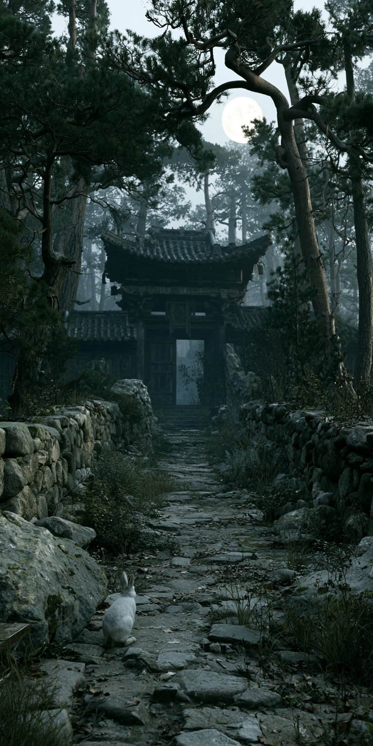 A stone pathway flanked by low rock walls and tall trees, leading to a dark traditional wooden gate under a full moon with a white rabbit sitting on the path.