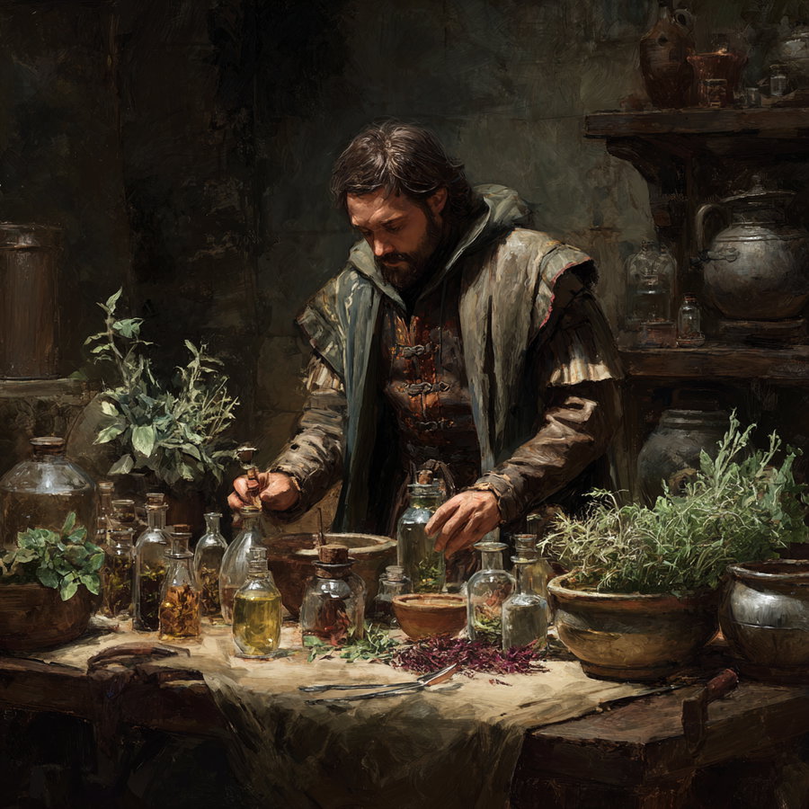 A man dressed in old-fashioned clothing is mixing herbs and liquids in a rustic room filled with various bottles, jars, and potted plants on a wooden table and shelves.