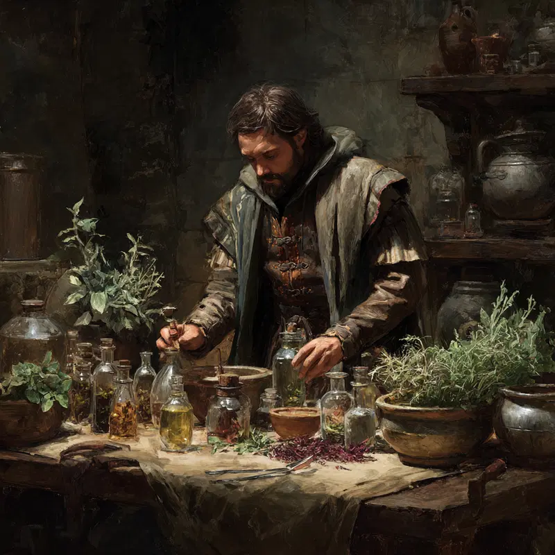 Detailed Old World Scene of a Man Mixing Herbs and Potions in a Rustic Setting
