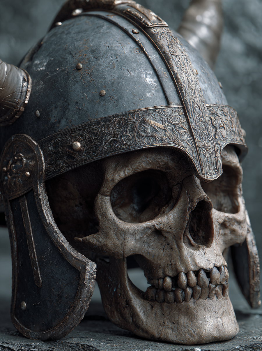 Close-up of an aged human skull wearing a detailed, ornate Viking-style helmet with horns and intricate engravings, set against a blurred grey background.