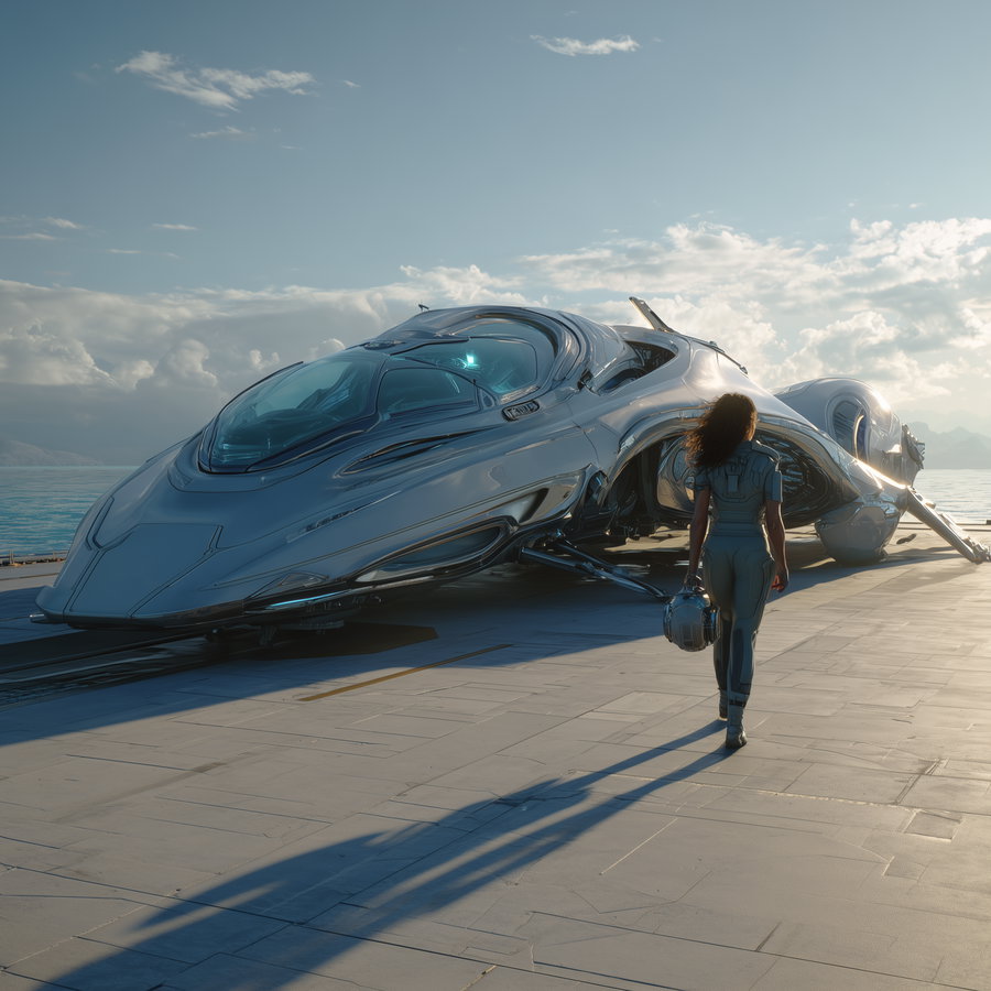 A shiny metallic futuristic spaceship on a platform near water, with a person in a spacesuit holding a helmet walking towards it under a cloudy sky