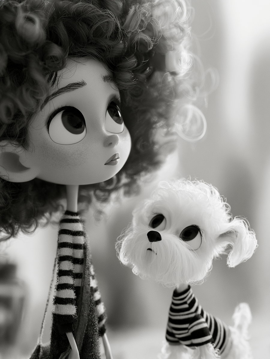 A black and white image of a stylized girl with curly hair and large eyes wearing a striped sweater, accompanied by a small dog also wearing a striped outfit, both looking upwards with a soft background.