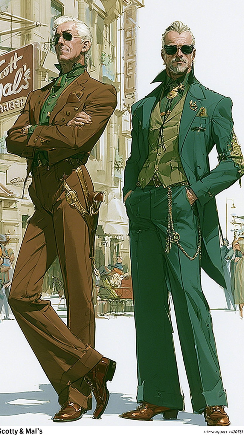 Illustration of two men standing confidently wearing elegant vintage-style suits, one in brown and the other in green, accessorized with sunglasses and chains, set against a city street background
