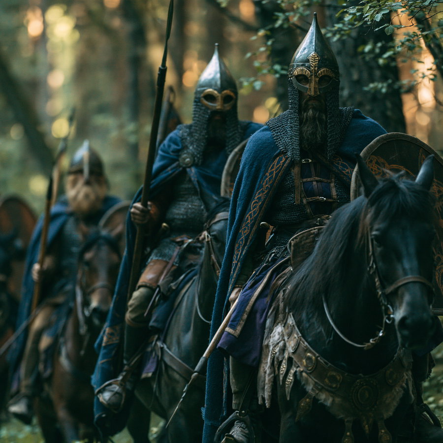 Three armored medieval warriors wearing chainmail and helmets riding horses in a forest setting