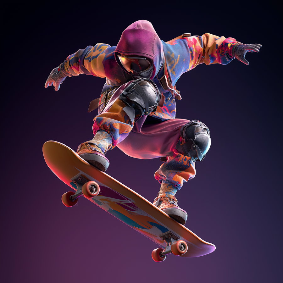 A digital art image of a skateboarder mid-air performing a trick, wearing a vibrant multi-colored hoodie, protective knee pads, gloves, and reflective goggles against a dark gradient background.