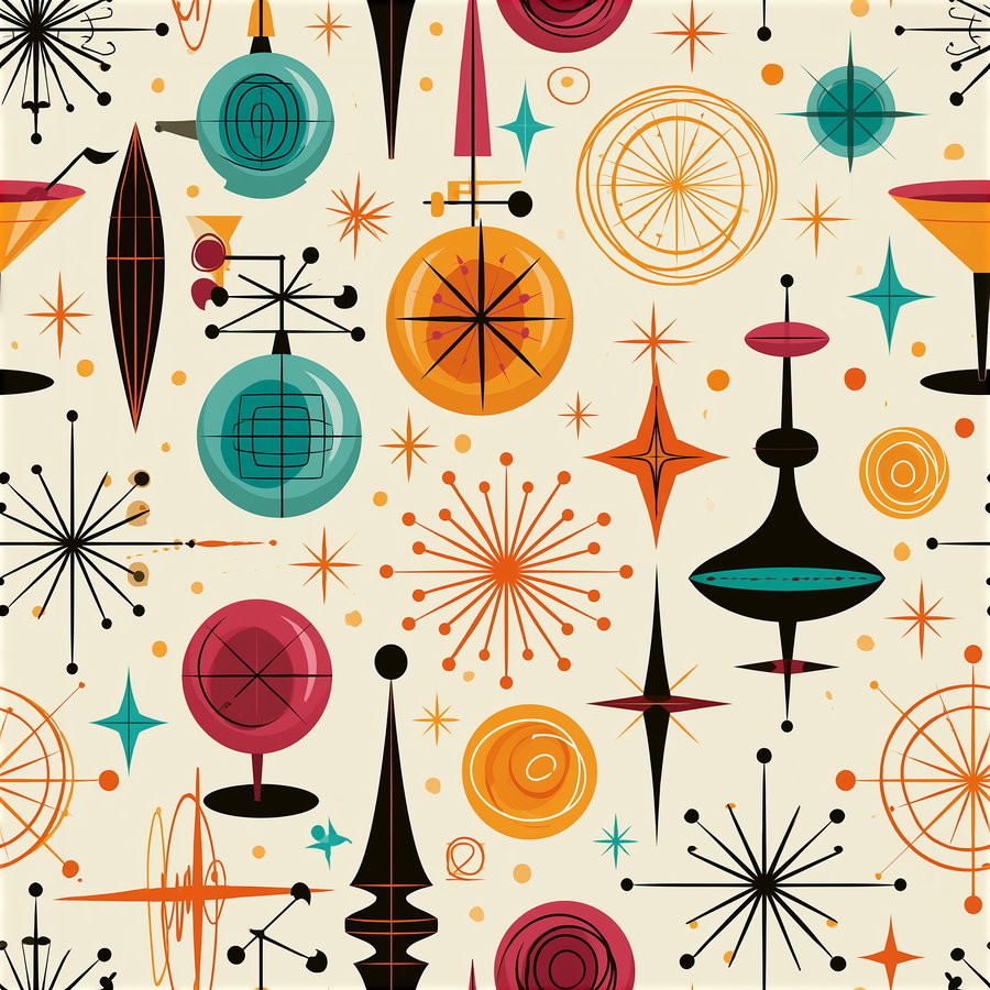 Colorful retro abstract shapes and starbursts in teal, orange, black, and red on a light beige background