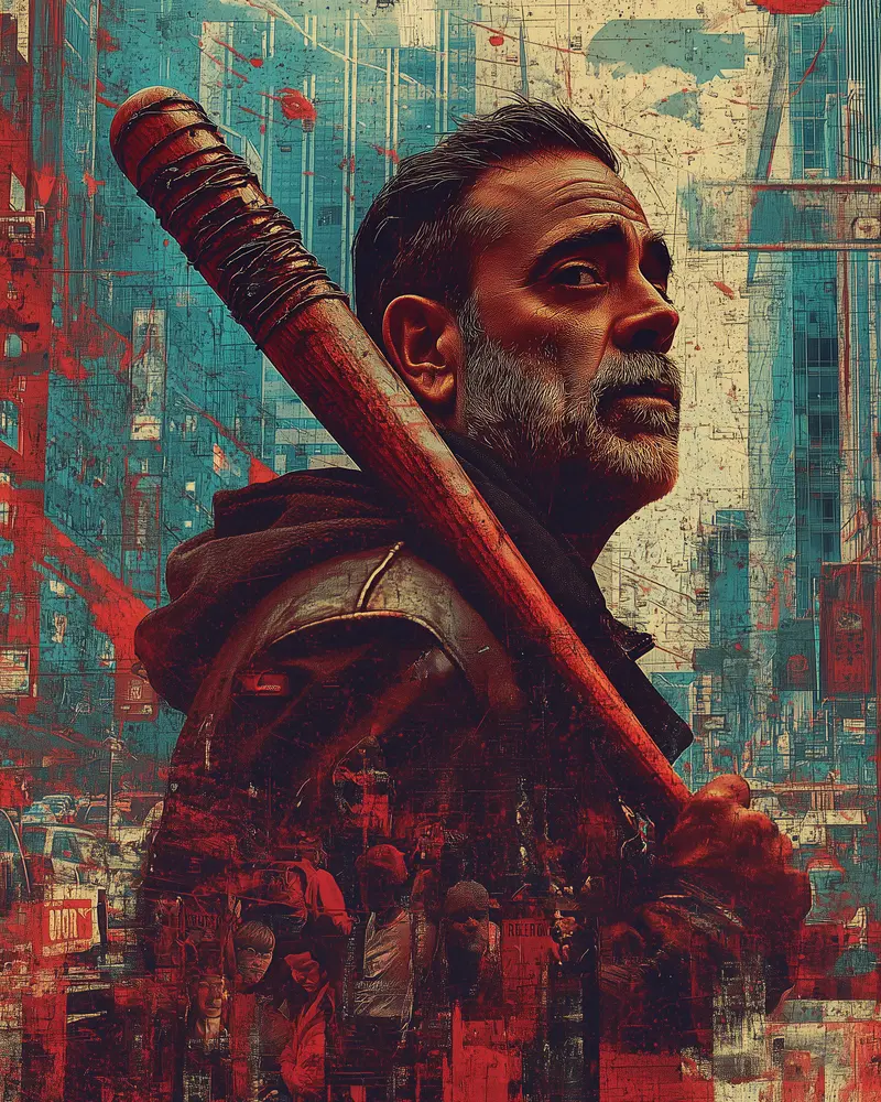 Intense urban digital painting featuring a man holding a bat with dramatic cityscape background