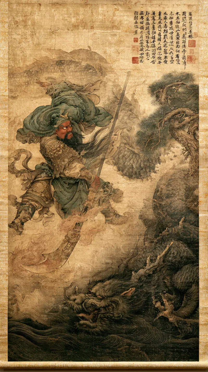 Classical Asian Art Scroll Featuring Warrior and Dragon in Mountain Landscape