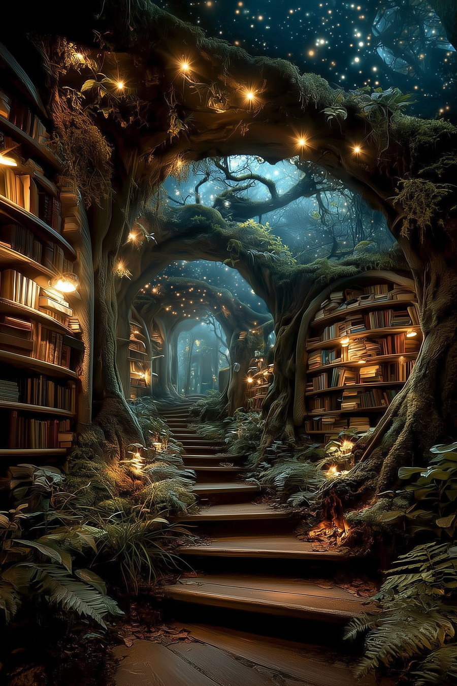 A mystical pathway with wooden stairs surrounded by tree trunks turned into bookshelves filled with books, glowing lights hanging from branches, and lush greenery under a starry sky