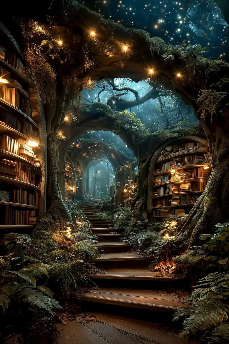 Enchanted forest library with glowing lights and magical ambiance