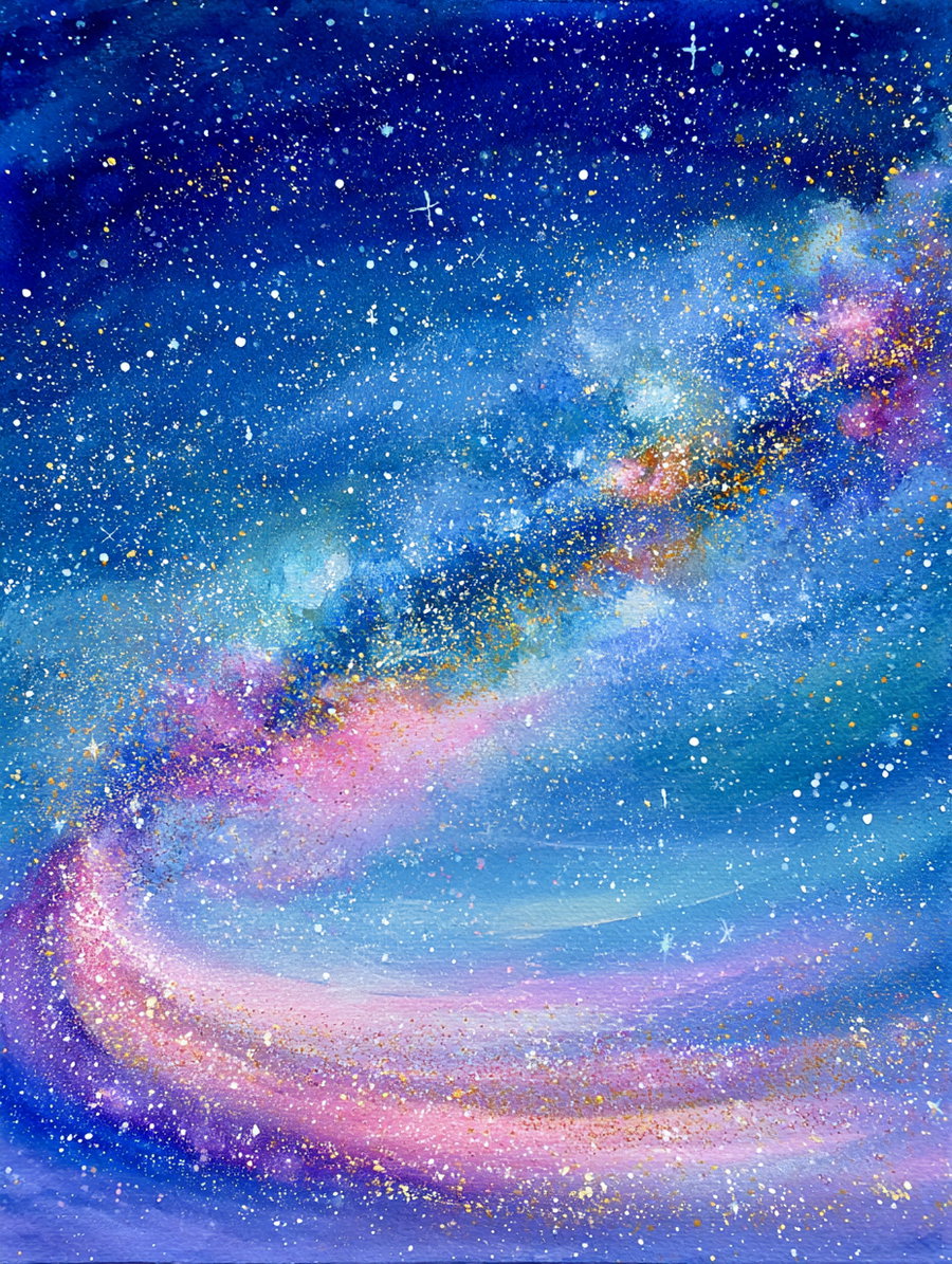 An abstract painting that depicts a colorful galaxy with stars, blue, pink, purple, white, and gold colors swirling across the canvas