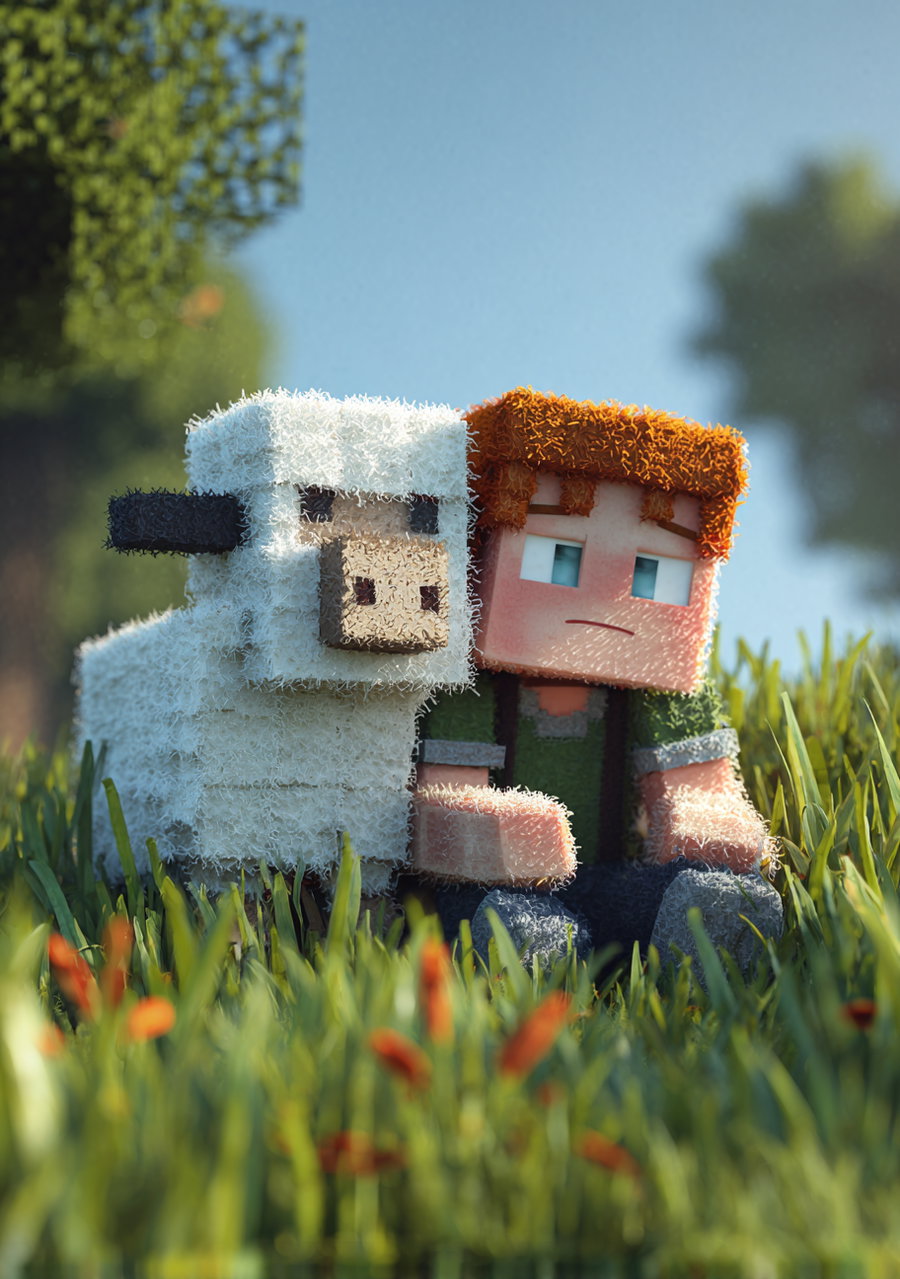 A pixel-style character with red hair sitting next to a pixel-style white sheep on green grass with blurred trees in the background