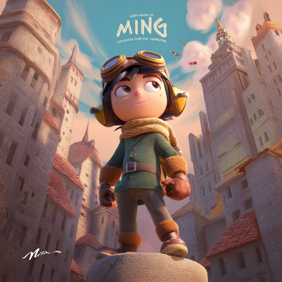 3D rendering of a confident animated character wearing goggles and winter clothing standing on a stone pedestal with tall medieval-style buildings around and birds flying in the sky