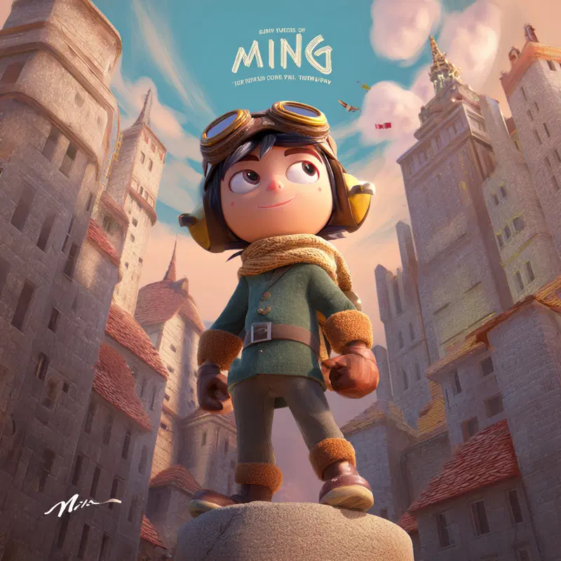 Charming animated character in a medieval town setting digital art