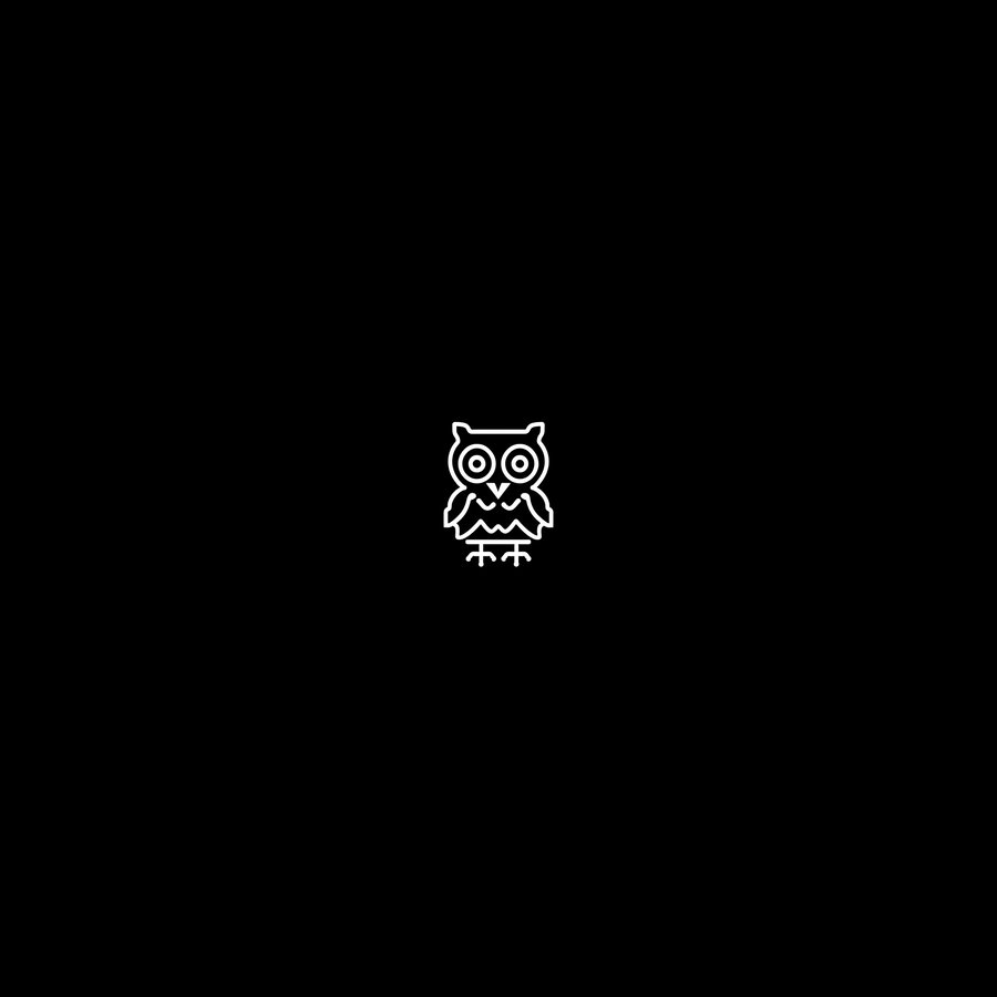 white minimalist outline of an owl centered on a solid black background