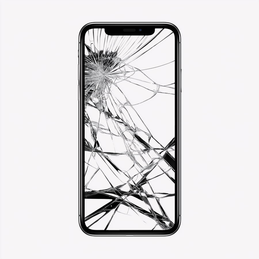 Smartphone with severely cracked screen displaying intricate black and white shattered glass patterns