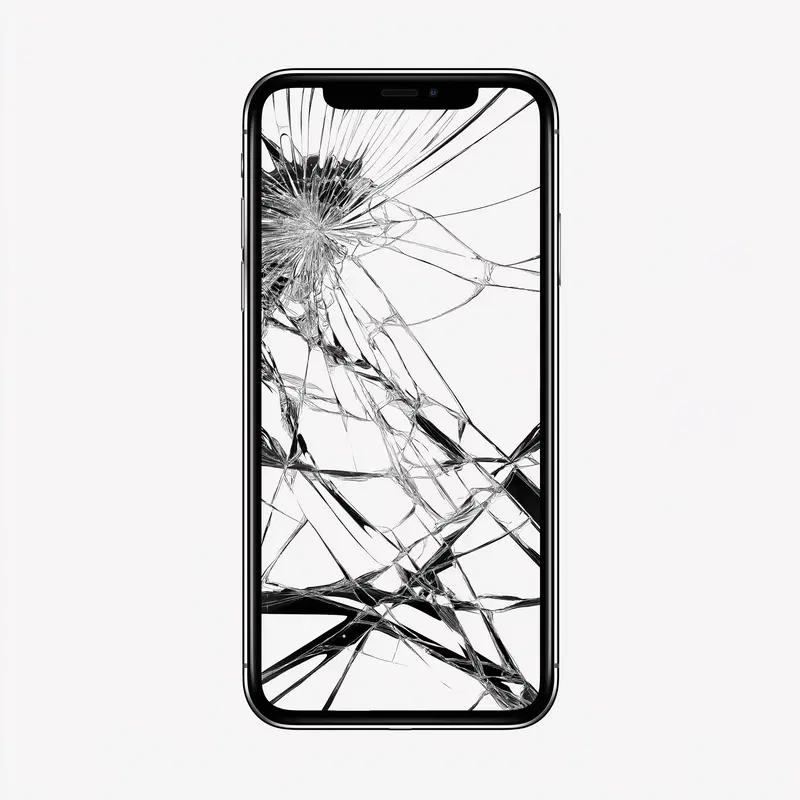 Black and white cracked glass pattern on smartphone screen close up