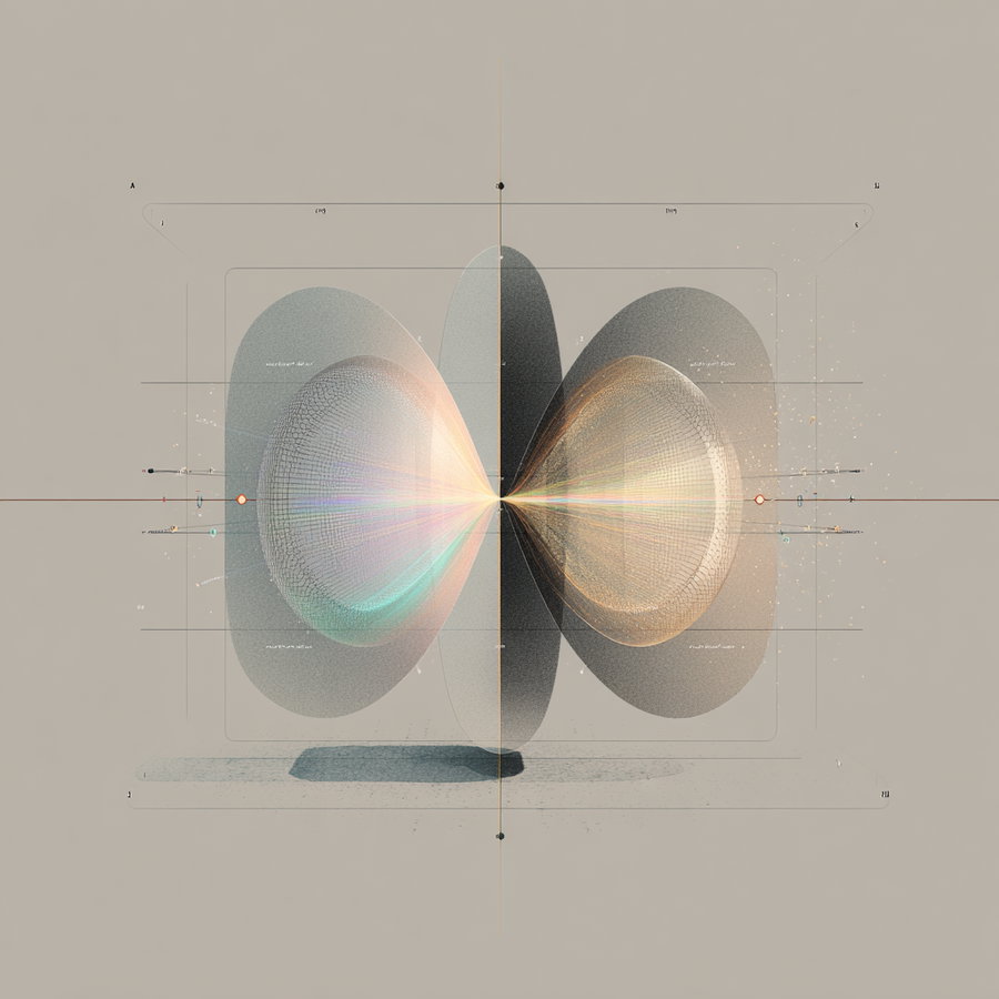 An abstract digital artwork featuring mirrored, mesh-textured shapes with light gradients and fine lines on a beige background