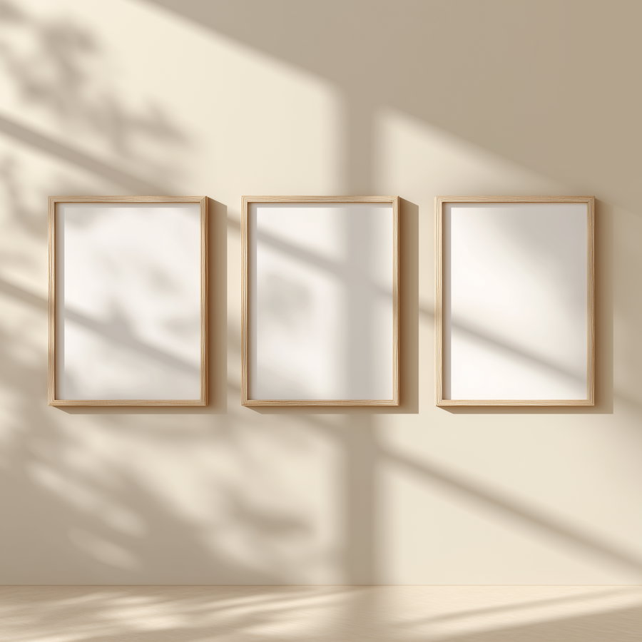 Three empty wooden picture frames hung side by side on a beige wall with natural light casting window and plant shadows on the wall and floor